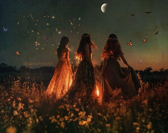 Equinox Dance PRINT - Fire Women Dancing Art Astrology, Moon