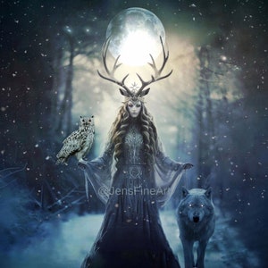 Queen of Winter PRINT - Yule Goddess Witch Solstice photo December wall art full moon astrology pagan wolf owl landscape Capricorn horned