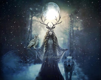 Queen of Winter PRINT - Yule Goddess Witch Solstice photo December wall art full moon astrology pagan wolf owl landscape Capricorn horned