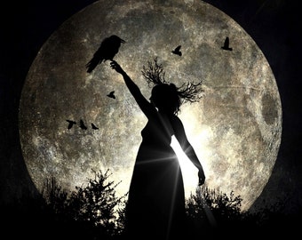 The Raven Queen II PRINT - full moon photo, surreal gothic morrigan death astrology crows dark art woman mood haunting witch antlers goth