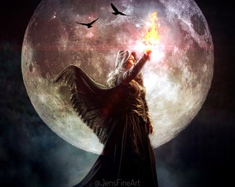 Beacon of the Night PRINT - full moon photo Sagittarius goddess surreal landscape moon lunar astrology zodiac supermoon torch fire sign