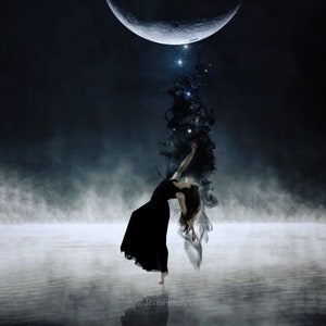 Dance of Release PRINT - full moon eclipse art photo scorpio zodiac surreal crescent landscape astrology woman witch star transformation
