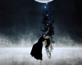 Dance of Release PRINT - full moon eclipse art photo scorpio zodiac surreal crescent landscape astrology woman witch star transformation