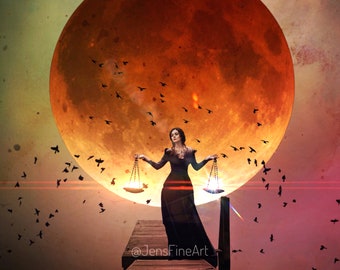 Balancing the Fates PRINT - Lunar Eclipse Libra full moon photo, zodiac sign art, astrology print, surreal gothic woman witch birds