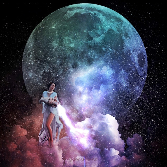 Aquarius Full Moon PRINT - Super Moon Photo, Surreal Clouds Sky
