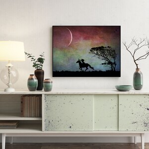 Aiming High new moon art photo PRINT, surreal landscape tree arrow horse, home decor, girls kids room dark Sagittarius night sky astrology image 2