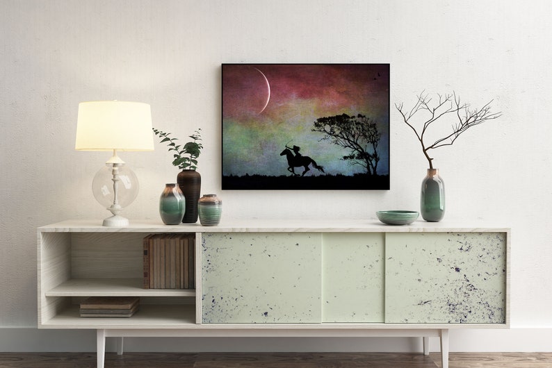 Aiming High new moon art photo PRINT, surreal landscape tree arrow horse, home decor, girls kids room dark Sagittarius night sky astrology image 2