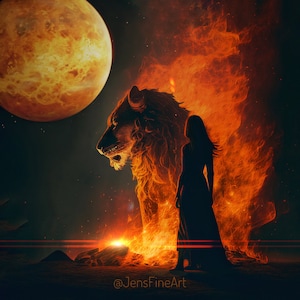 Vénus en impression photo pleine lune Lion, art de lion paysage surréaliste, décoration flammes astrologie courage femme fille feu orange esprit animal