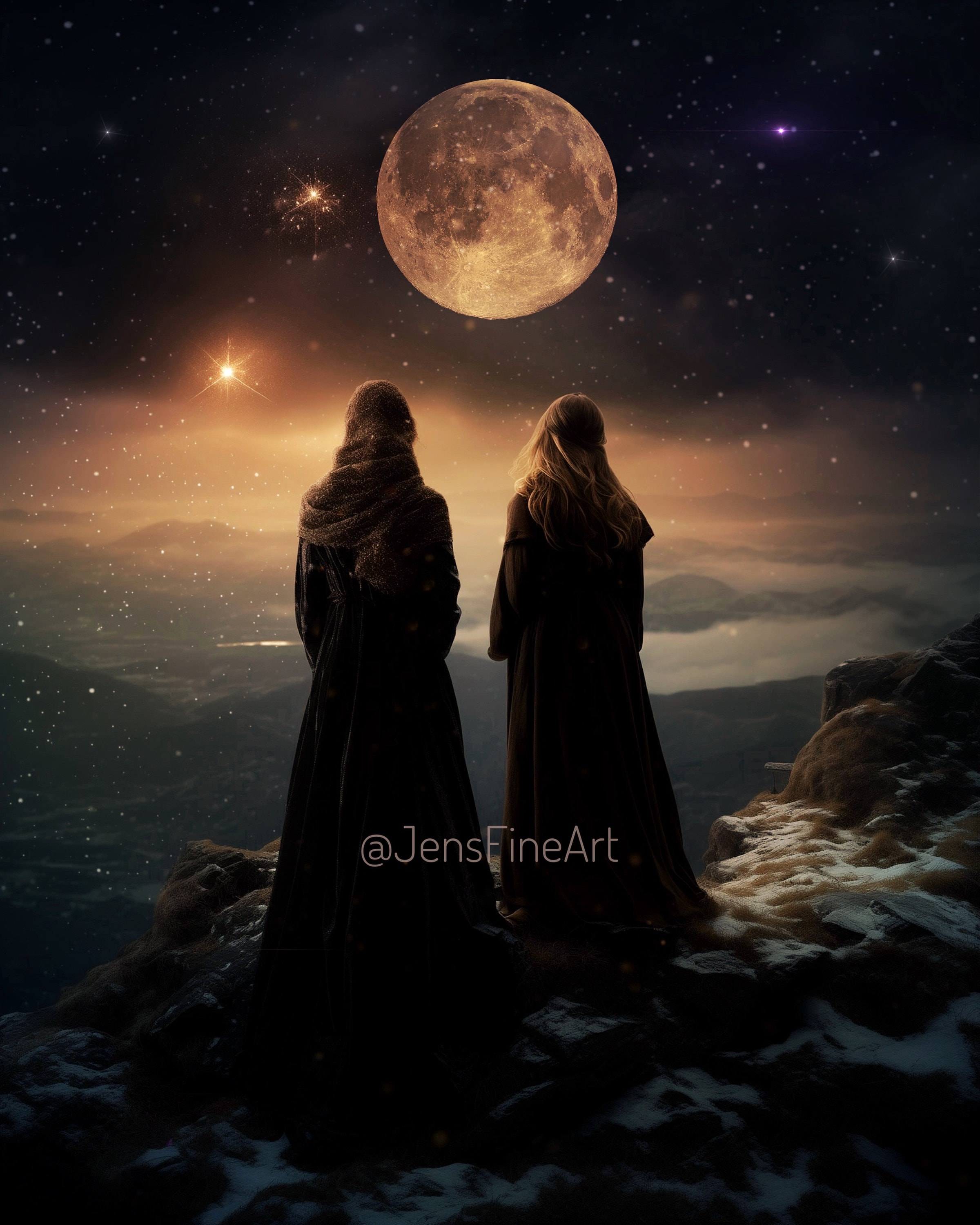 Lunar Harmony PRINT - Gemini Full Moon Art, the Twins Zodiac Sign