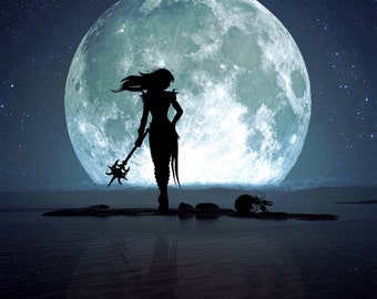 Cancer Full Moon PRINT - super moon photo, surreal landscape fine art home decor night sky girl woman warrior ocean astrology zodiac crab