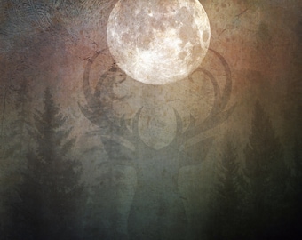 Buck Moon PRINT - full super moon photo, surreal landscape fine art home decor deer antlers astrology supermoon zodiac neutral spirit animal