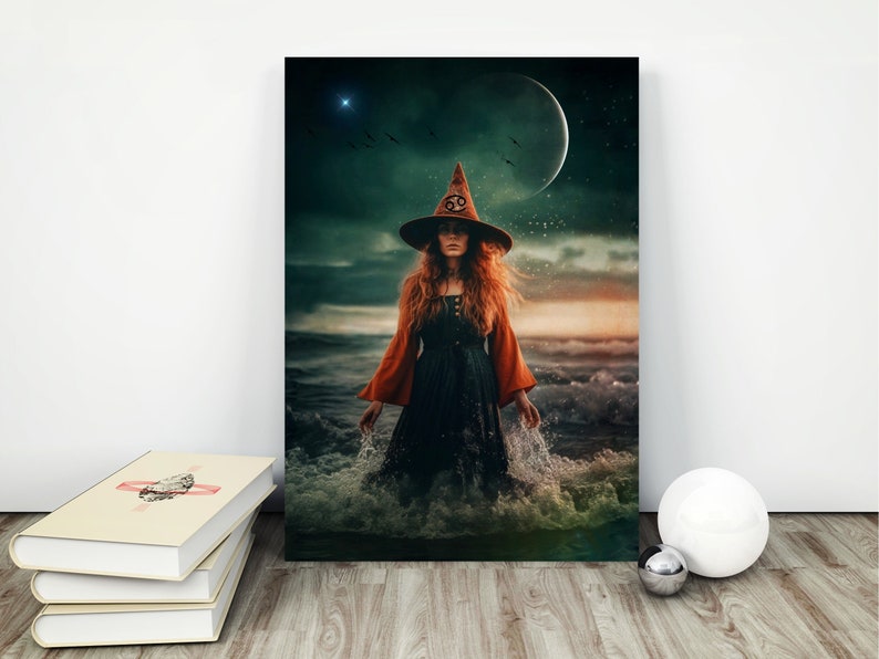 Cancer Witch PRINT new moon photo, Cancer Zodiac Woman mermaid surreal art ocean astrology divine feminine, water sign starry sky power image 2