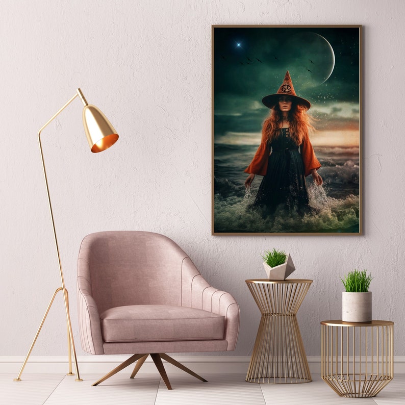 Cancer Witch PRINT new moon photo, Cancer Zodiac Woman mermaid surreal art ocean astrology divine feminine, water sign starry sky power image 4