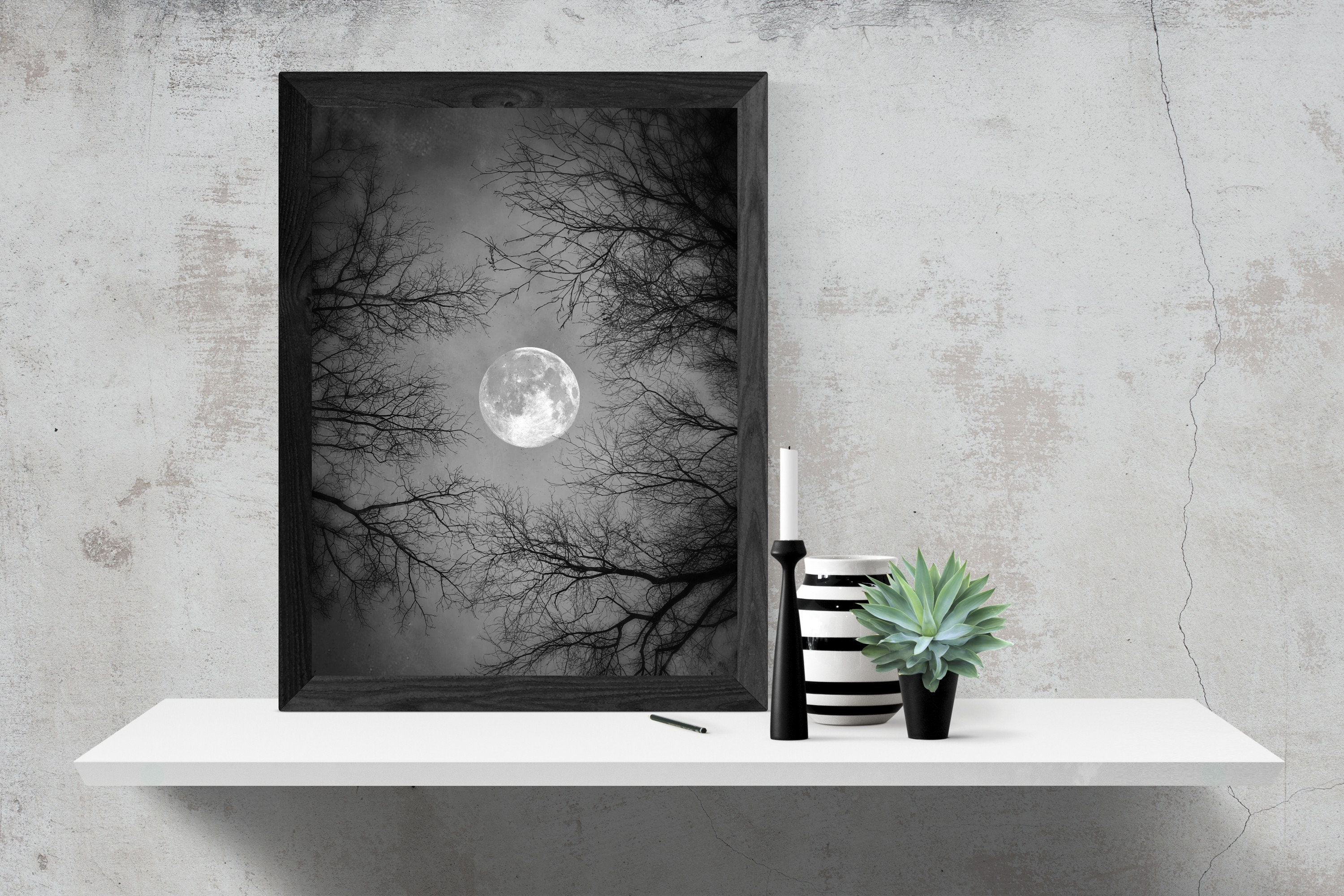 Solstice Moon PRINT - Full Moon Bare Tree Branch Photo, Black and