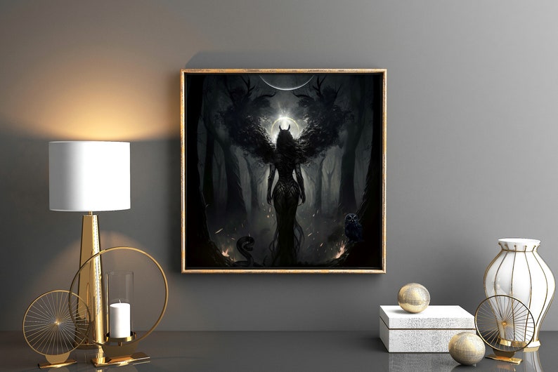 May include: A digital art print of a woman with dark wings standing in a dark forest. The woman is wearing a dark dress and has a crown of thorns on her head. The background is a dark forest with trees and a crescent moon in the sky.