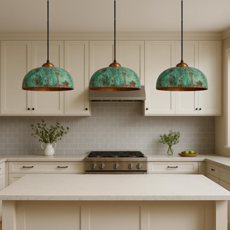 Oxidized Copper Patina Pendant Light Set: Kitchen Island Lighting - Etsy