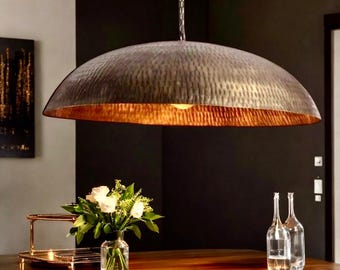 Antique Hammered Brass Dome Pendant Light, Solid Brass Ceiling Light with Oxidized Copper Finish, Vintage Metal Dome Light for Home Decor