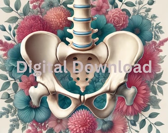 Vintage-Looking Bony Pelvis with Floral Background
