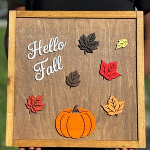 Hello Fall Wooden Sign with Autumn Leaves and Pumpkin Decor, Handmade Sign, Fall Season, Thanksgiving wall decor,