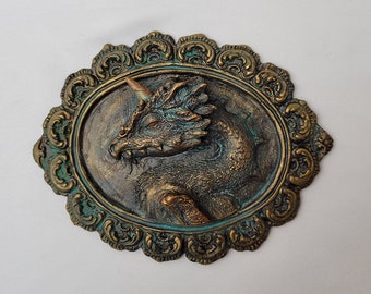 Wall Art Dragon Cameo Relief Sculpture with Vintage Scroll
