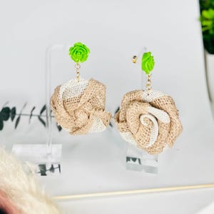 Handmade Burlap Rose Earrings: Green Floral Boho Chic Studs