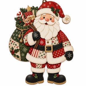 Puede incluir: Un adorno decorativo de madera de Papá Noel con un gorro rojo con patrón de copos de nieve, barba blanca y cinturón negro con hebilla dorada. Papá Noel lleva un saco verde lleno de regalos, un osito de peluche y un bastón de caramelo.