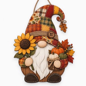 May include: A decorative wooden gnome wall hanging featuring a patchwork hat with sunflower and plaid patterns, a large white beard, a sunflower in one hand, and a basket containing small orange and green pumpkins with autumn leaves.