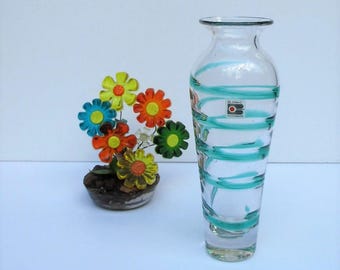 Blenko Glass 8912S Vase in Crystal and Antique Green with Original Sticker - Vintage - FREE SHIPPING