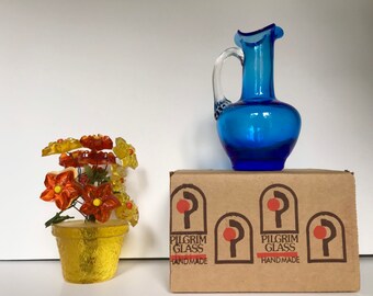 Pilgrim Glass Miniature Pitcher Blue with Original Box & Tag - Design # 753 - Vintage - 1970’s - FREE SHIPPING