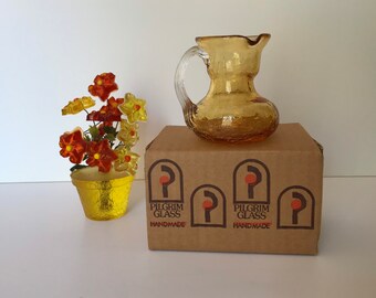 Pilgrim Glass Left Handed Miniature Pitcher - in Topaz - Original Tags & Box - Crackle Glass - FREE SHIPPING