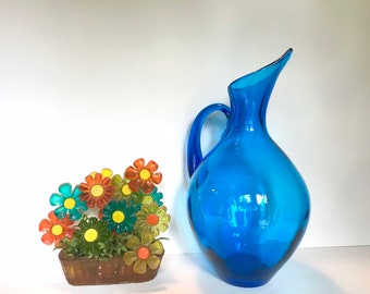 Blenko Glass Pitcher - Design #991 - Turquoise - Vintage - Large - FREE SHIPPING