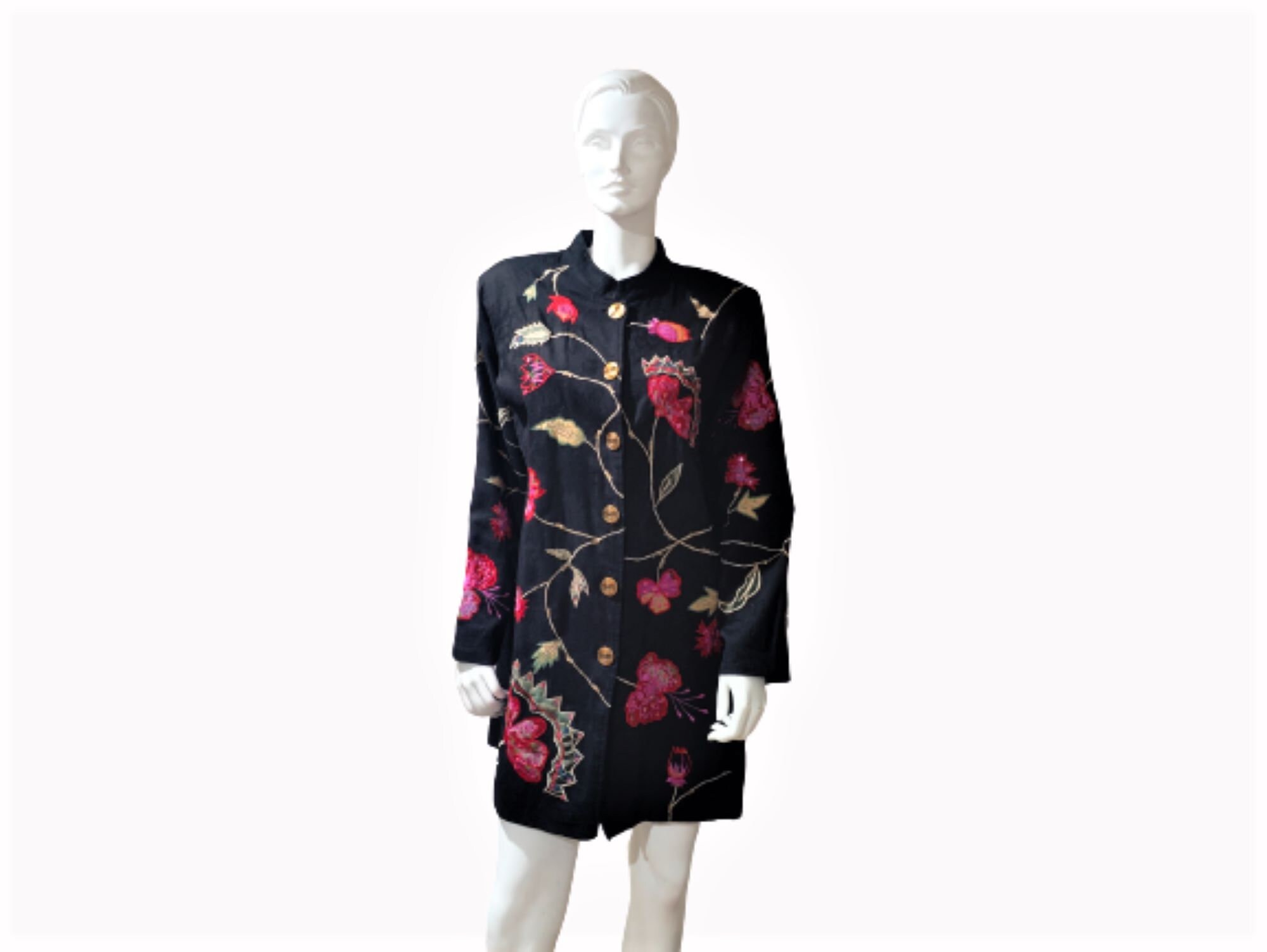 Indigo Denim Cotton Floral Brocade Jacket in Blue