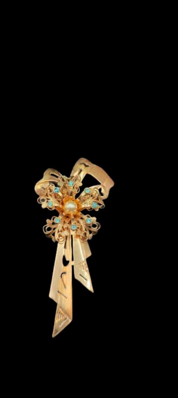 Vintage Antiqued Gold Bow Ribbon Brooch / Rare /Aq