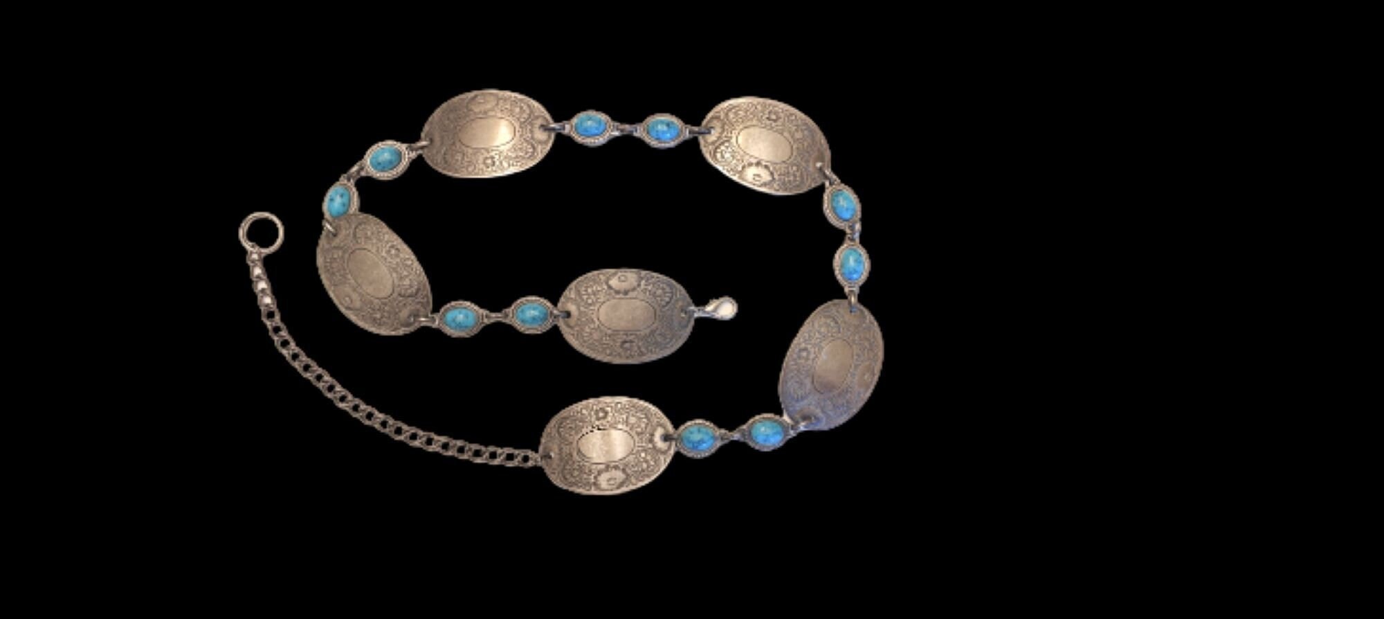 Vintage Metal Chain Belt With Faux Turquoise Stones 