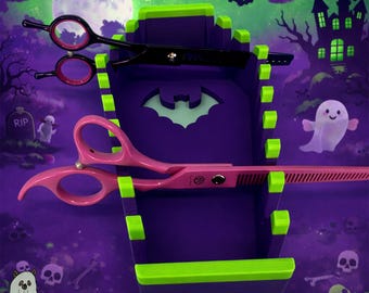 The Coffin Beautician *Ghastly Green and Purple* - Hair Stylist Scissor Holder— Up to 10 pairs, Simple organizer |
