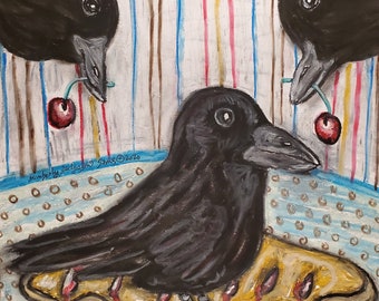 Blackbird Pie Bird Crow Raven Arte gótico 8 x 10 Firmado Impresión Giclee Artista coleccionable Kimberly Helgeson Sams
