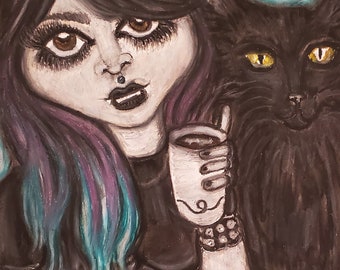 Chica gótica con gato negro y café estilo gótico vintage 8x10 IMPRESIÓN FIRMADA Artista Kimberly Helgeson Sams
