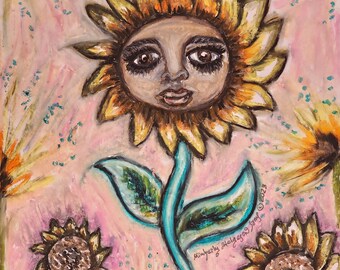 SUNFLOWER GIRL Art Signed Giclee Print Whimsical Collectible Signed by Artist Kimberly Helgeson Sams