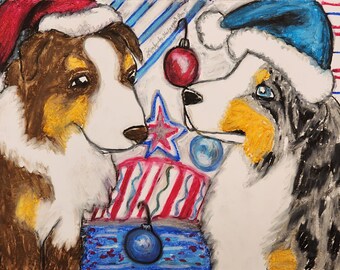 MINIATUUR AMERIKAANSE HERDER Kerstkunst ondertekend Giclee Print hondenliefhebber Collectible Artist Kimberly Helgeson Sams patriottische kleuren