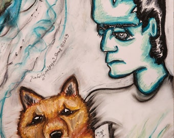 Frankenstein with Finnish Spitz Art Signed Giclee Print Halloween Horror Collectible Signed by Artist Kimberly Helgeson Sams