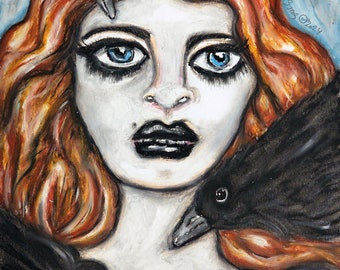 Goth Girl Redhead with Crows Art Signed Giclee Print Halloween Collectible Signed by Artist Kimberly Helgeson Sams Gothic