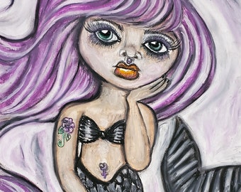 Mermaid Gothic Art Signed Giclee Print Fantasy Woman Collectible Artist Kimberly Helgeson Sams Purple Black