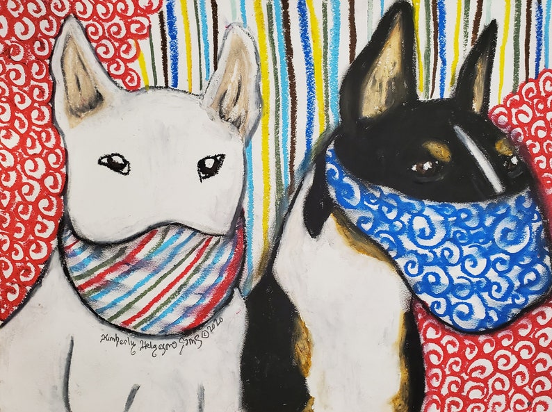 BULL TERRIER in Face Masks Steampunk Art 8 x 10 Signed Giclee Print Collectible Artist Kimberly Helgeson Sams