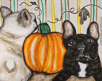 FRANSE BULLDOG pompoen hond kunst ondertekend Giclee print Frenchie Halloween grillige collectible kunstenaar Kimberly Helgeson Sams