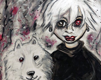Een Ghoul en haar hond Samojeed Art ondertekend Giclee Print Halloween Horror Collectible ondertekend door kunstenaar Kimberly Helgeson Sams vrouwen
