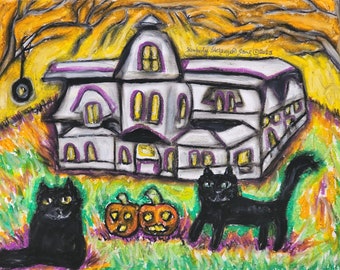 Zwarte kat en spookhuis Halloween kunst ondertekend Giclee Print collectible kunstenaar Kimberly Helgeson Sams gotische Jack-o-lanterns