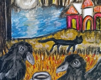 Kraai drinken koffie Raven vogel gotische kunst ondertekend Giclee Print collectible kunstenaar Kimberly Helgeson Sams zwarte kat spookhuis