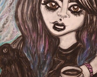 Mujer con café y cuervo Arte gótico firmado Giclee Impresión Halloween Artista coleccionable Kimberly Helgeson Sams