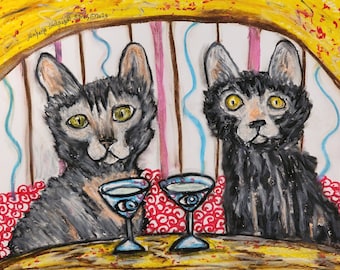 WERECAT Lykoi bebiendo un Martini gótico Halloween Arte firmado Giclee Impresión Gato Coleccionable Artista Kimberly Helgeson Sams Eyeballs