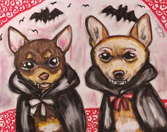 Chihuahua Vampiros Gótico Halloween Arte Firmado Giclee Impresión Perro Coleccionable Artista Kimberly Helgeson Sams